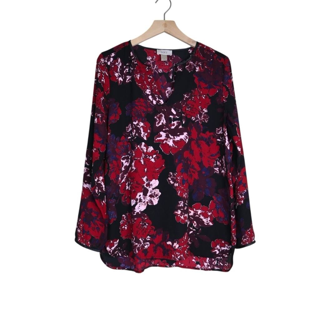 LOFT Women's M Red Black Floral Print Tunic Blouse Faux Leather Trim